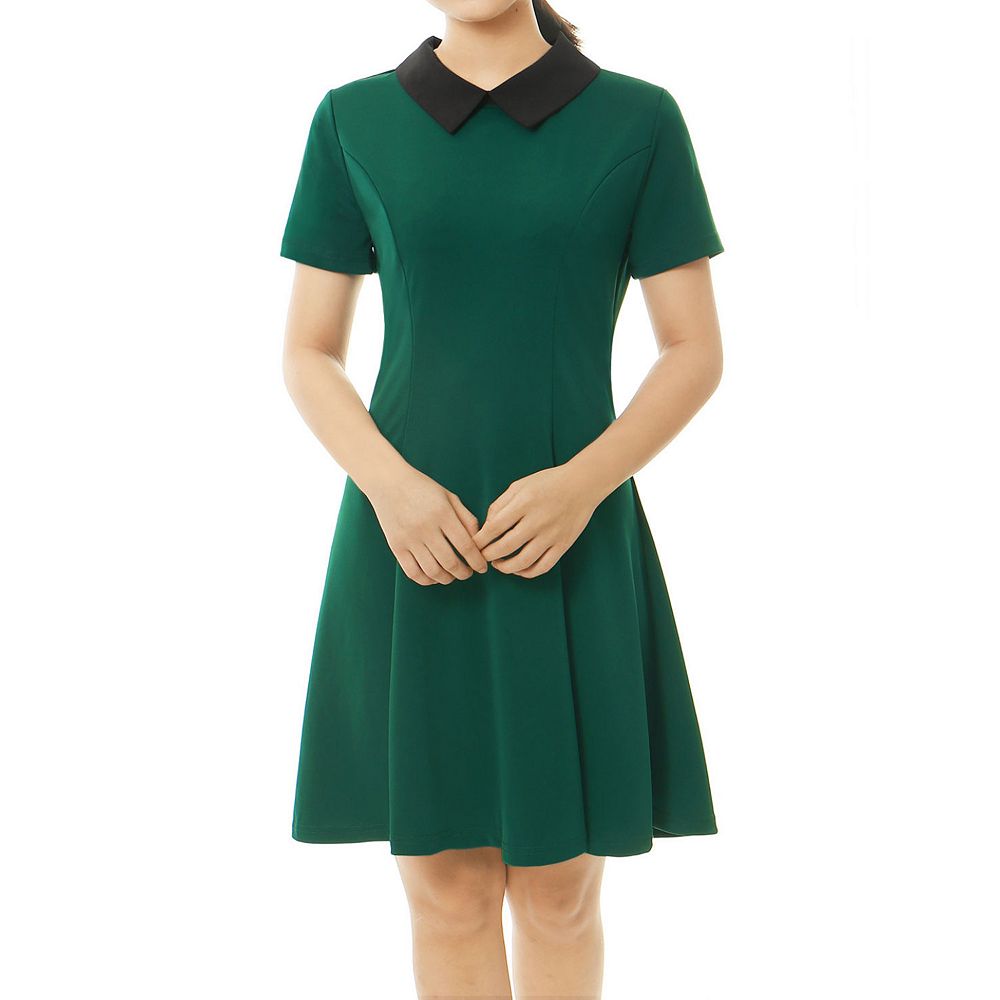 Women's Peter Pan Contrast Collar Short Sleeves Flare Dress