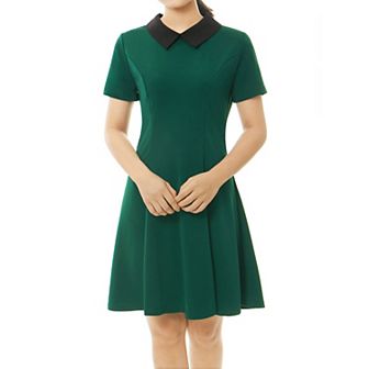 Women's Peter Pan Contrast Collar Short Sleeves Flare Dress