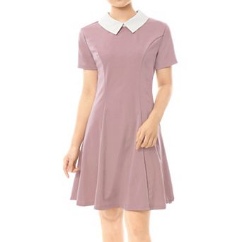 Women's Peter Pan Contrast Collar Short Sleeves Flare Dress