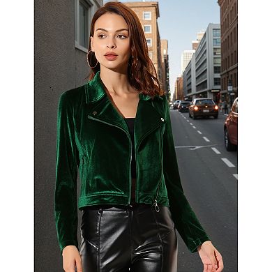 Women's Velvet Notched Lapel Zipper Cropped Motorcycle Jacket