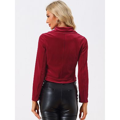 Women's Velvet Notched Lapel Zipper Cropped Motorcycle Jacket