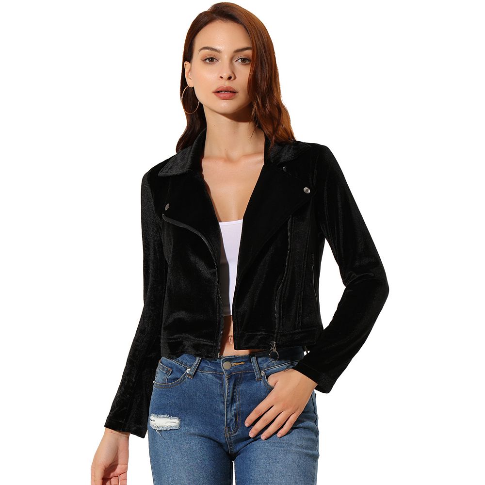 Women's Velvet Notched Lapel Zipper Cropped Motorcycle Jacket