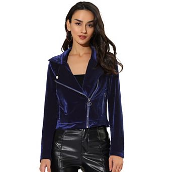 Women's Velvet Notched Lapel Zipper Cropped Motorcycle Jacket