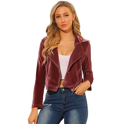 Women s Velvet Notched Lapel Zipper Cropped Motorcycle Jacket