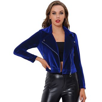 Women's Velvet Notched Lapel Zipper Cropped Motorcycle Jacket