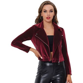 Women's Velvet Notched Lapel Zipper Cropped Motorcycle Jacket