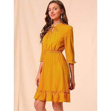 Women's Ruffle Hem 3/4 Sleeve Smocked A-line Dress