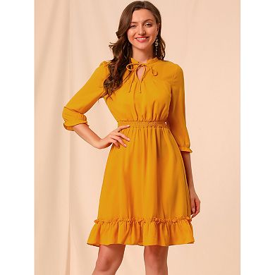 Women's Ruffle Hem 3/4 Sleeve Smocked a-Line Dress