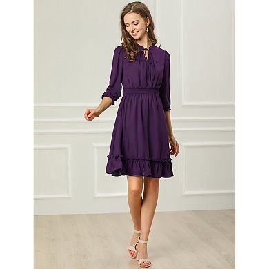 Women's Ruffle Hem 3/4 Sleeve Smocked A-line Dress