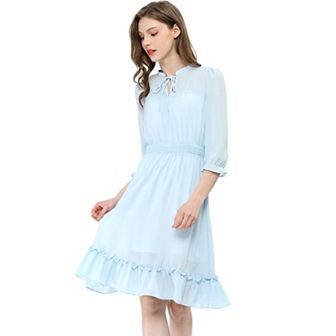 Women's Ruffle Hem 3/4 Sleeve Smocked a-Line Dress