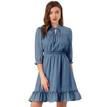 Women's Ruffle Hem 3/4 Sleeve Smocked a-Line Dress
