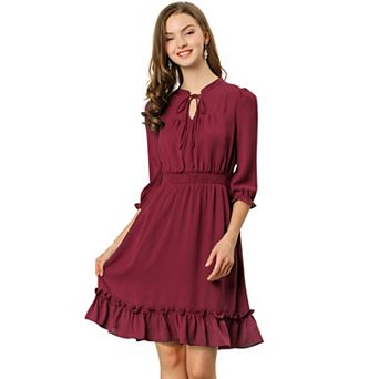 Women's Ruffle Hem 3/4 Sleeve Smocked a-Line Dress