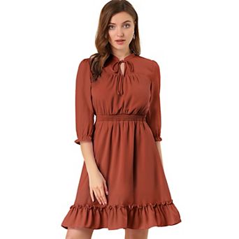 Women's Ruffle Hem 3/4 Sleeve Smocked a-Line Dress
