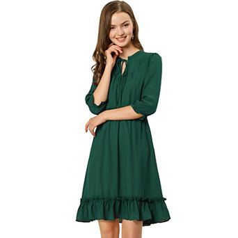 Women's Ruffle Hem 3/4 Sleeve Smocked a-Line Dress