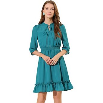 Women's Ruffle Hem 3/4 Sleeve Smocked a-Line Dress