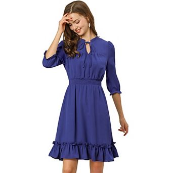 Women's Ruffle Hem 3/4 Sleeve Smocked a-Line Dress