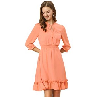 Women's Ruffle Hem 3/4 Sleeve Smocked a-Line Dress