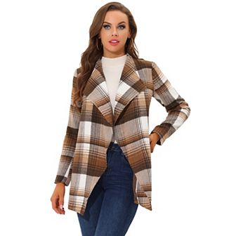Women's Shawl Collar Asymmetrical Hem Belted Plaid Coat