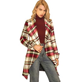 Women's Shawl Collar Asymmetrical Hem Belted Plaid Coat