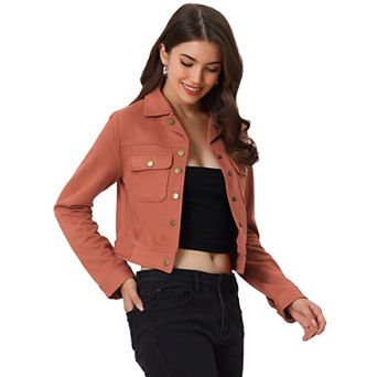 Women's Turn Down Collar Faux Suede Cropped Moto Jacket