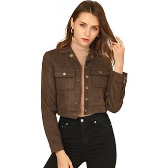 Women's Turn Down Collar Faux Suede Cropped Moto Jacket