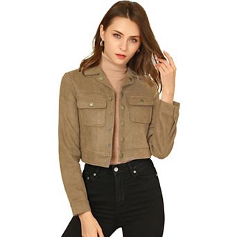 Women's Turn Down Collar Faux Suede Cropped Moto Jacket
