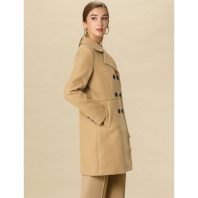 Women's Notched Lapel Long Sleeves Double Breasted Mid-Lentgh Overcoat