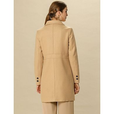 Women's Notched Lapel Long Sleeves Double Breasted Mid-Lentgh Overcoat