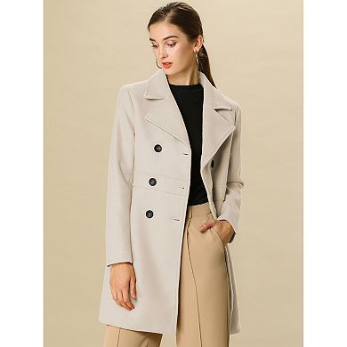 Women's Notched Lapel Long Sleeves Double Breasted Mid-lentgh Overcoat