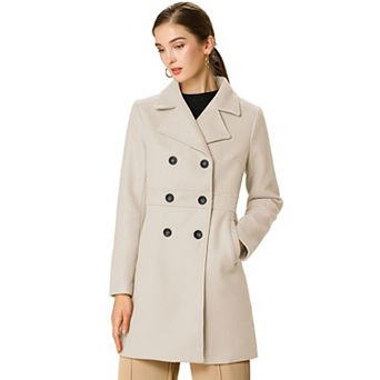 Women's Notched Lapel Long Sleeves Double Breasted Mid-Lentgh Overcoat