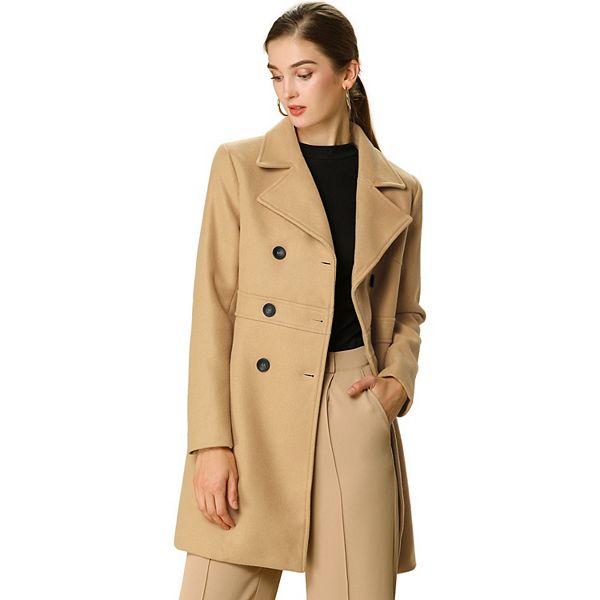 Women's Notched Lapel Long Sleeves Double Breasted Mid-Lentgh Overcoat