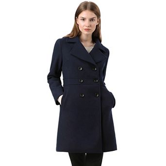 Women's Notched Lapel Long Sleeves Double Breasted Mid-Lentgh Overcoat