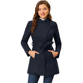 Women's Stand Collar Tie Waist Winter Classic Long Trenchcoat