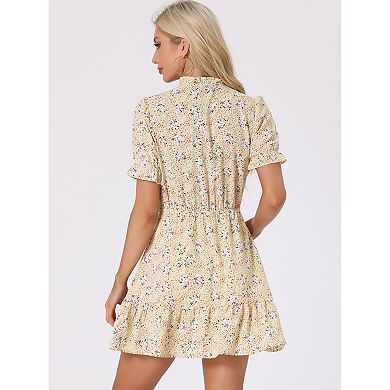 Women's Ruffle Floral Bow Tie Chiffon Short Sleeve Fit & Flare Dress