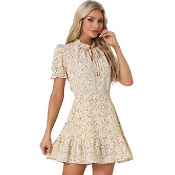 Women's Ruffle Floral Bow Tie Chiffon Short Sleeve Fit & Flare Dress