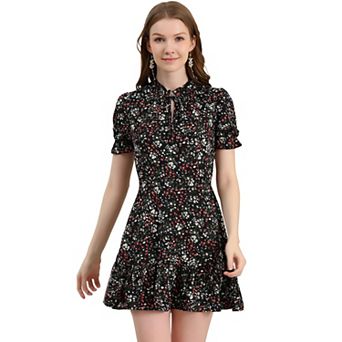 Women's Ruffle Floral Bow Tie Chiffon Short Sleeve Fit & Flare Dress