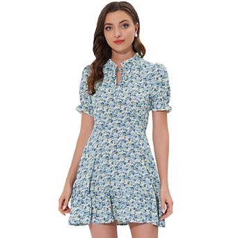 Women's Ruffle Floral Bow Tie Chiffon Short Sleeve Fit & Flare Dress