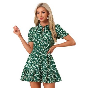 Women's Ruffle Floral Bow Tie Chiffon Short Sleeve Fit & Flare Dress