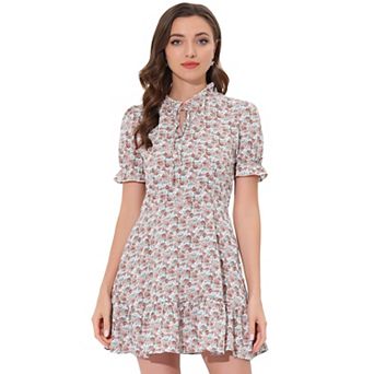 Women's Ruffle Floral Bow Tie Chiffon Short Sleeve Fit & Flare Dress
