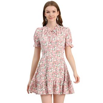 Women's Ruffle Floral Bow Tie Chiffon Short Sleeve Fit & Flare Dress