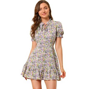 Women's Ruffle Floral Bow Tie Chiffon Short Sleeve Fit & Flare Dress