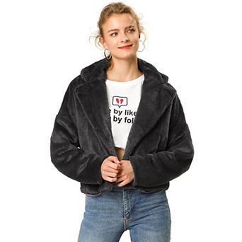 Women's Cropped Jacket Notch Lapel Faux Fur Fluffy Coat