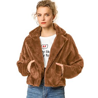 Women's Cropped Jacket Notch Lapel Faux Fur Fluffy Coat