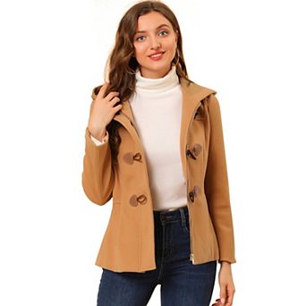 Women's Toggle Duffle Coat Zipper Front Solid Cropped Hooded Coat