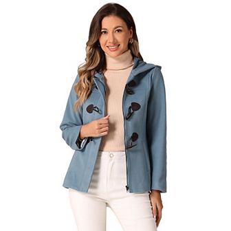 Women's Toggle Duffle Coat Zipper Front Solid Cropped Hooded Coat
