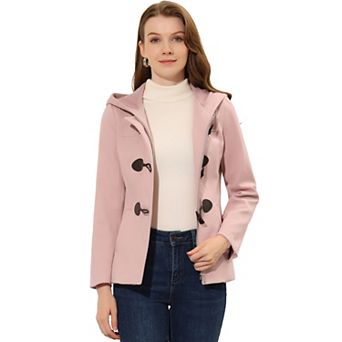 Women's Toggle Duffle Coat Zipper Front Solid Cropped Hooded Coat