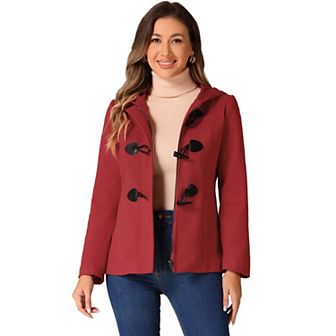 Women's Toggle Duffle Coat Zipper Front Solid Cropped Hooded Coat