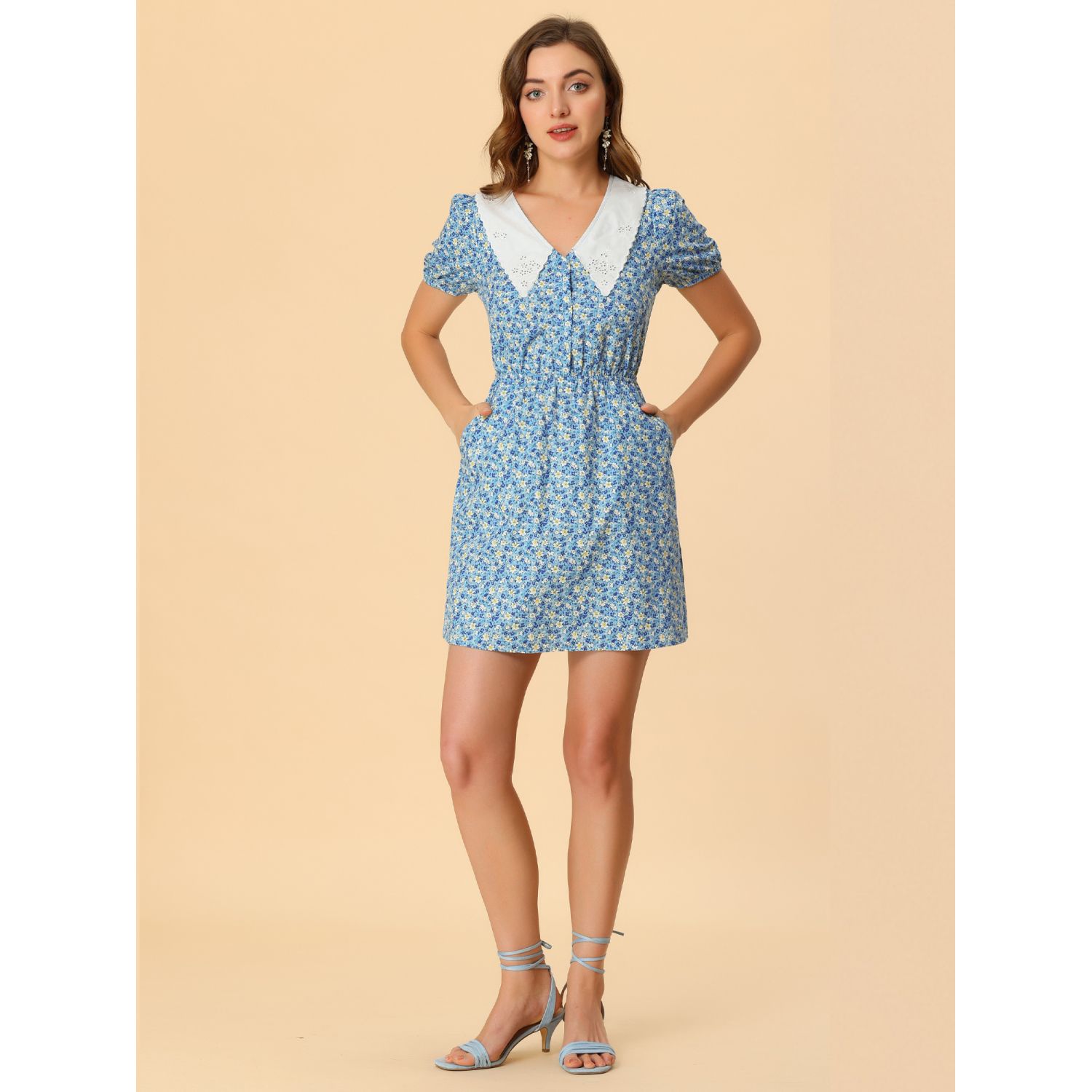 Women's Lace Sleeve Summer Dress - Crew Neck, Elastic Waist With Pockets Knee Length - View #3