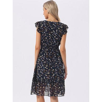Women's Flutter Sleeves V Neck Smocked Waist Ruffle Floral Dresses