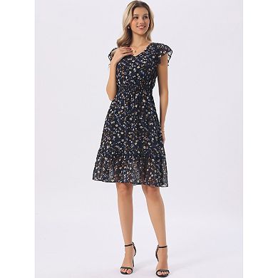 Women's Flutter Sleeves V Neck Smocked Waist Ruffle Floral Dresses
